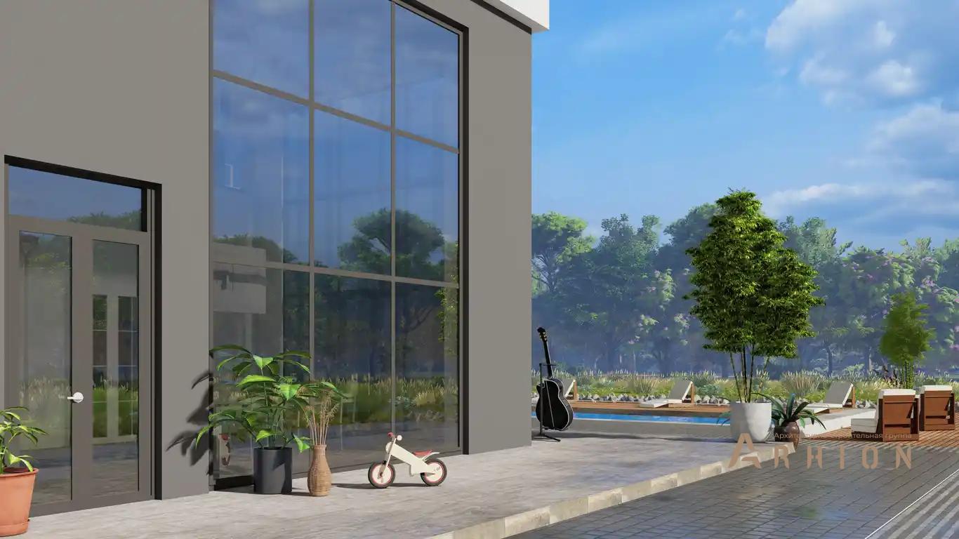 10. Проект двухэтажного дома в стиле хай-тек с плоской кровлей , h-1603, площадью - 639 кв c терассой, балконом, гаражом, вторым светом